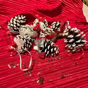 Festive Pinecones white tipped  with Red and White ribbons and bows - handmade
